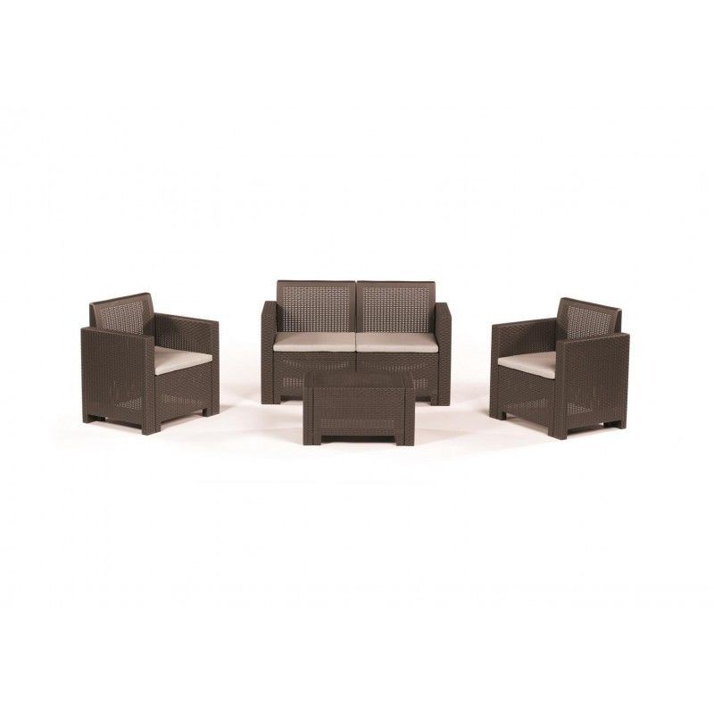 SET SALOTTO EFFETTO RATTAN CHOCO DIVANO POLTRONE TAVOLO DA GIARDINO