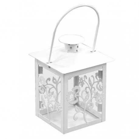 LANTERN CANDLE HOLDER METAL DECORATED LEAVES, WHITE CM.10X10H14