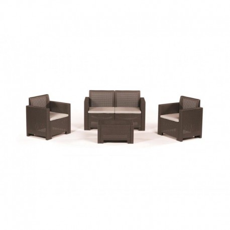 SET SALOTTO EFFETTO RATTAN CHOCO 1 DIVANO 2 POLTRONE 1 TAVOLO DA GIARDINO